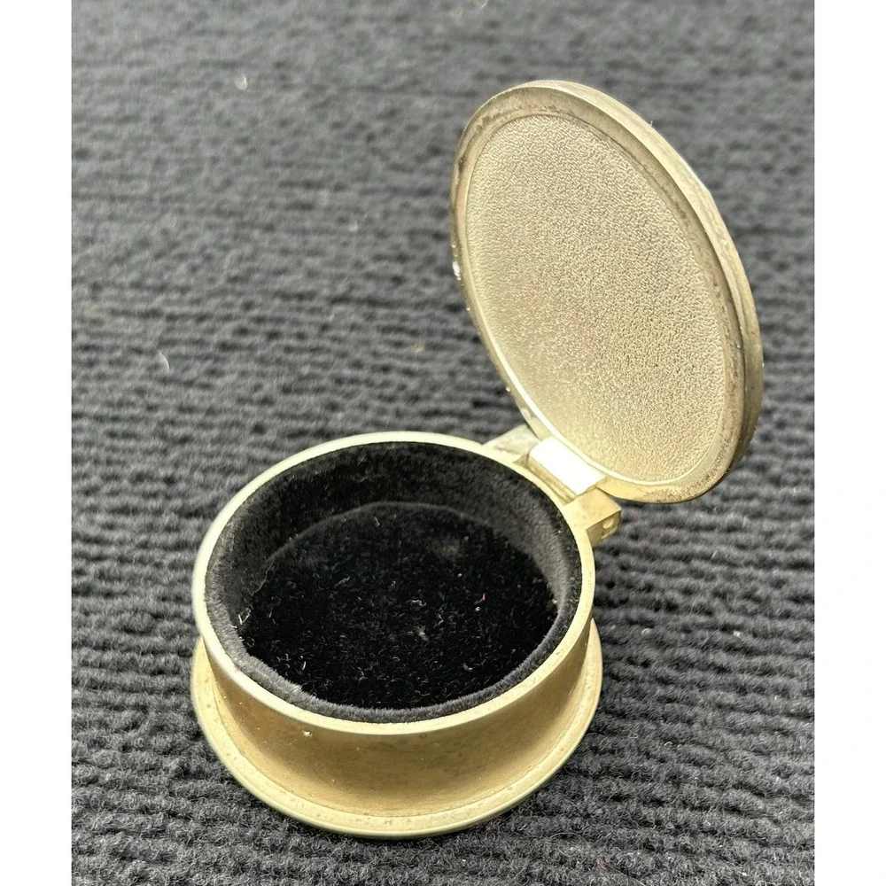 Vintage Brass Round Jewelry Ring Box‎ Faceted Glass Lid Velvet Lined Trinket Box